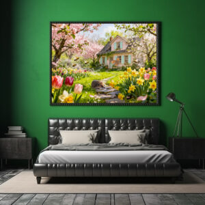 Poster: Spring Cottage with Bees, Hedgehog and Blossoming Garden