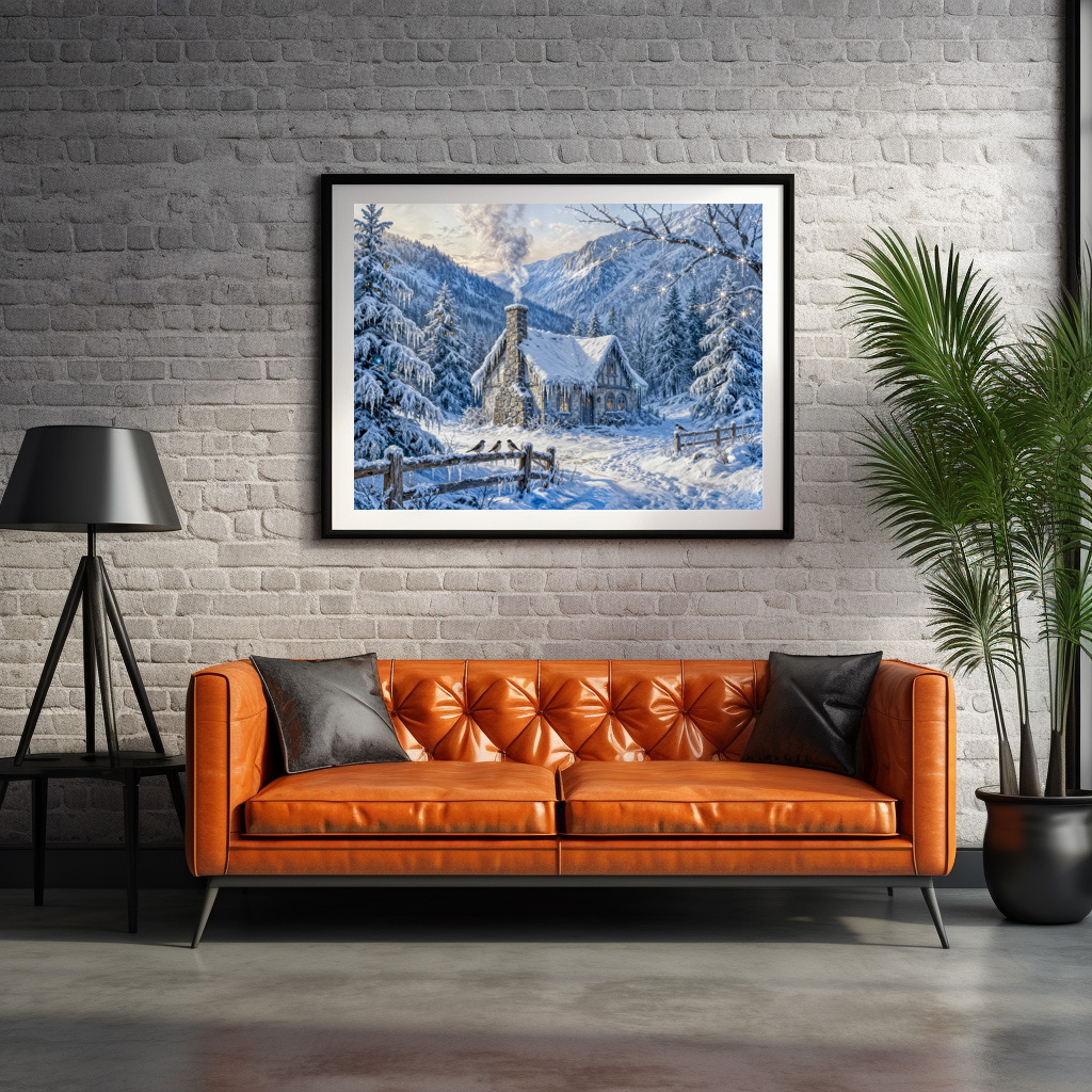Poster: Snowy Mountain Cottage with Smoke and Pines Painting – Bild 2