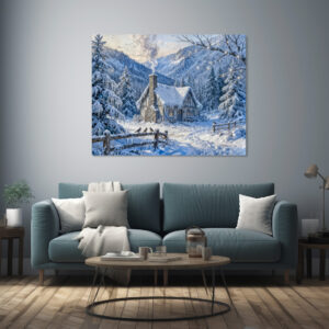 Poster: Snowy Mountain Cottage with Smoke and Pines Painting