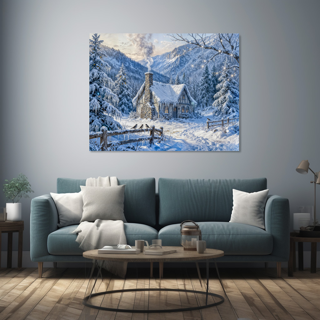 Poster: Snowy Mountain Cottage with Smoke and Pines Painting