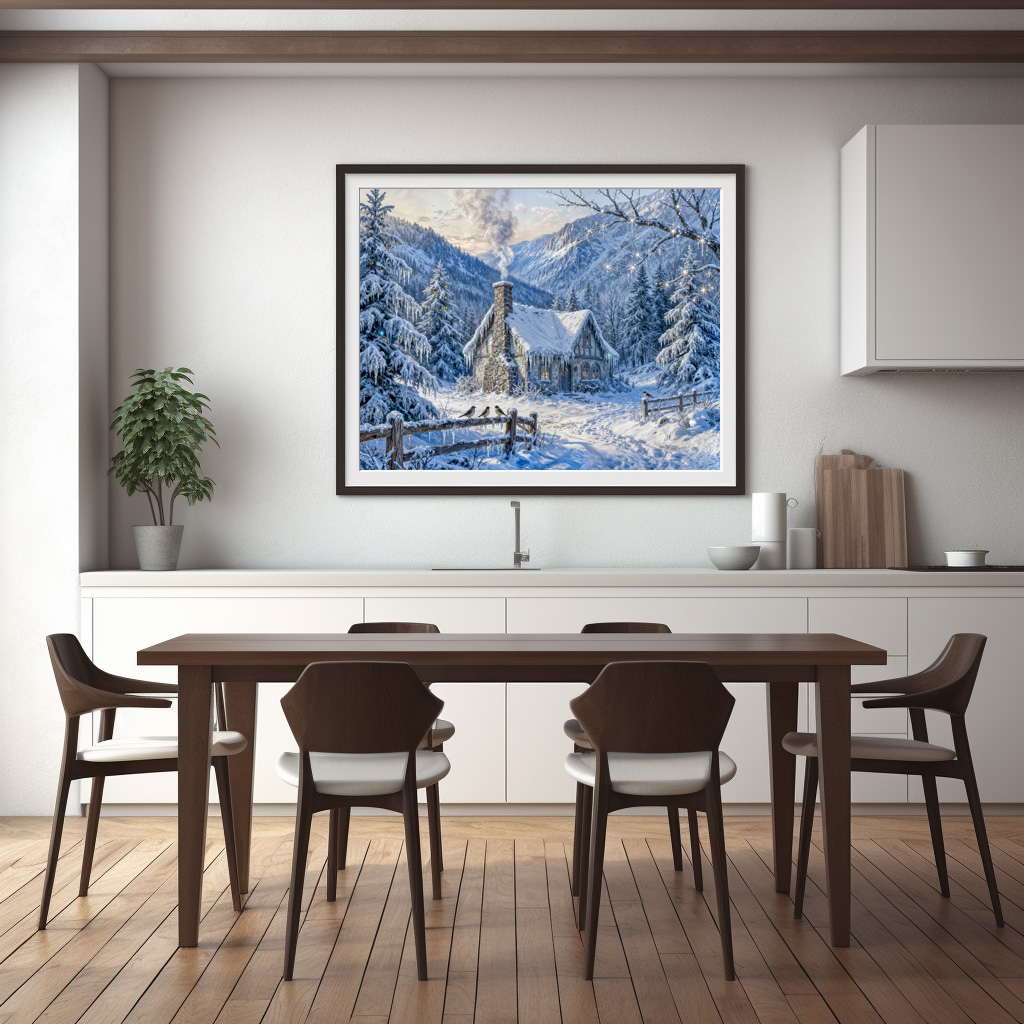 Poster: Snowy Mountain Cottage with Smoke and Pines Painting – Bild 3