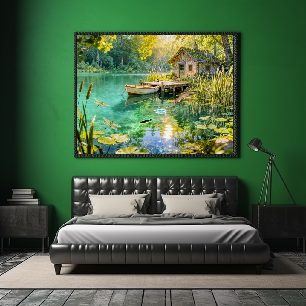 Poster: Forest Stream Cottage with Ducks, piere and Dock Artwork - immagine 2