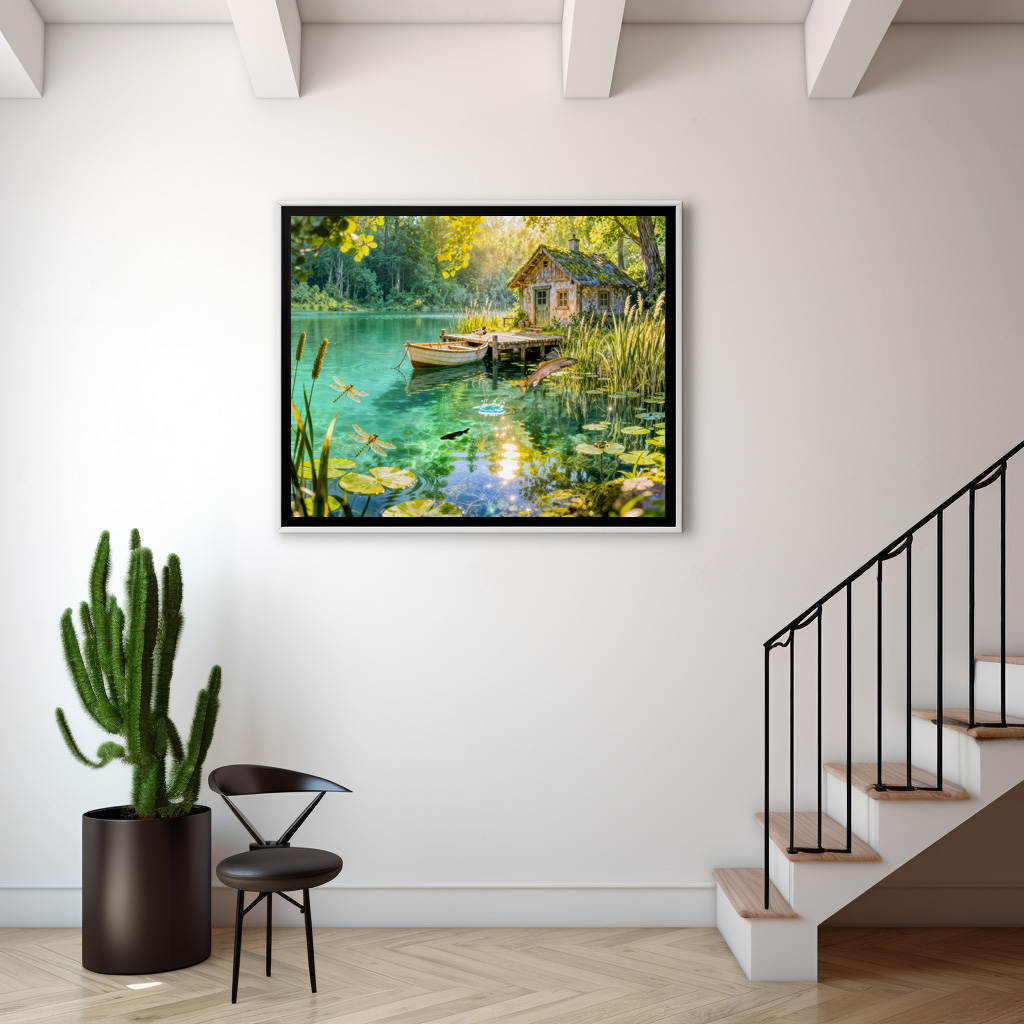 Poster: Forest Stream Cottage with Ducks, piere and Dock Artwork - immagine 3