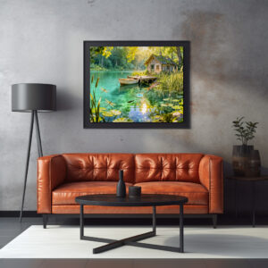 Poster: Forest Stream Cottage with Ducks, piere and Dock Artwork