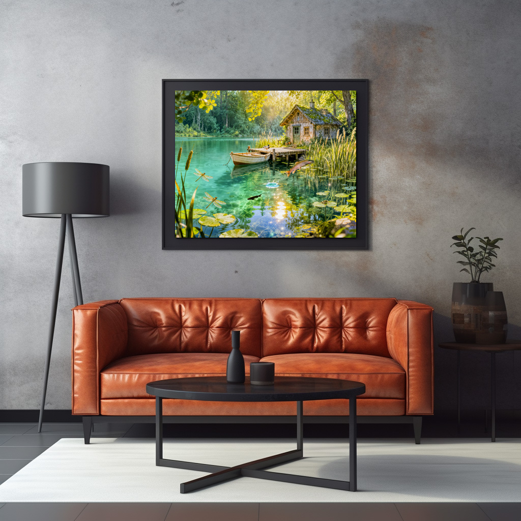Poster: Forest Stream Cottage with Ducks, piere and Dock Artwork