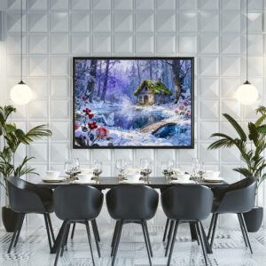 Poster: Snowy Enchanted Forest Cottage with Bridge and Glowing Butterflies – Fantasy Artwork