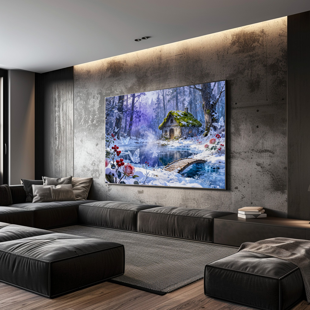 Poster: Snowy Enchanted Forest Cottage with Bridge and Glowing Butterflies – Fantasy Artwork – Bild 2
