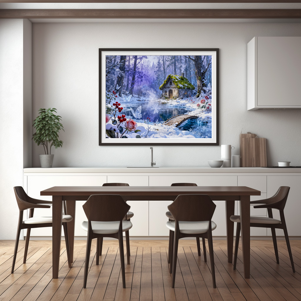 Poster: Snowy Enchanted Forest Cottage with Bridge and Glowing Butterflies – Fantasy Artwork – Bild 3