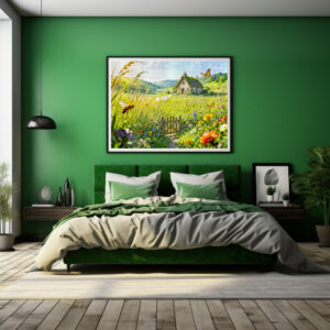 Poster: Mountain Meadow Cottage with Flowers, Gate and Butterflies Artwork