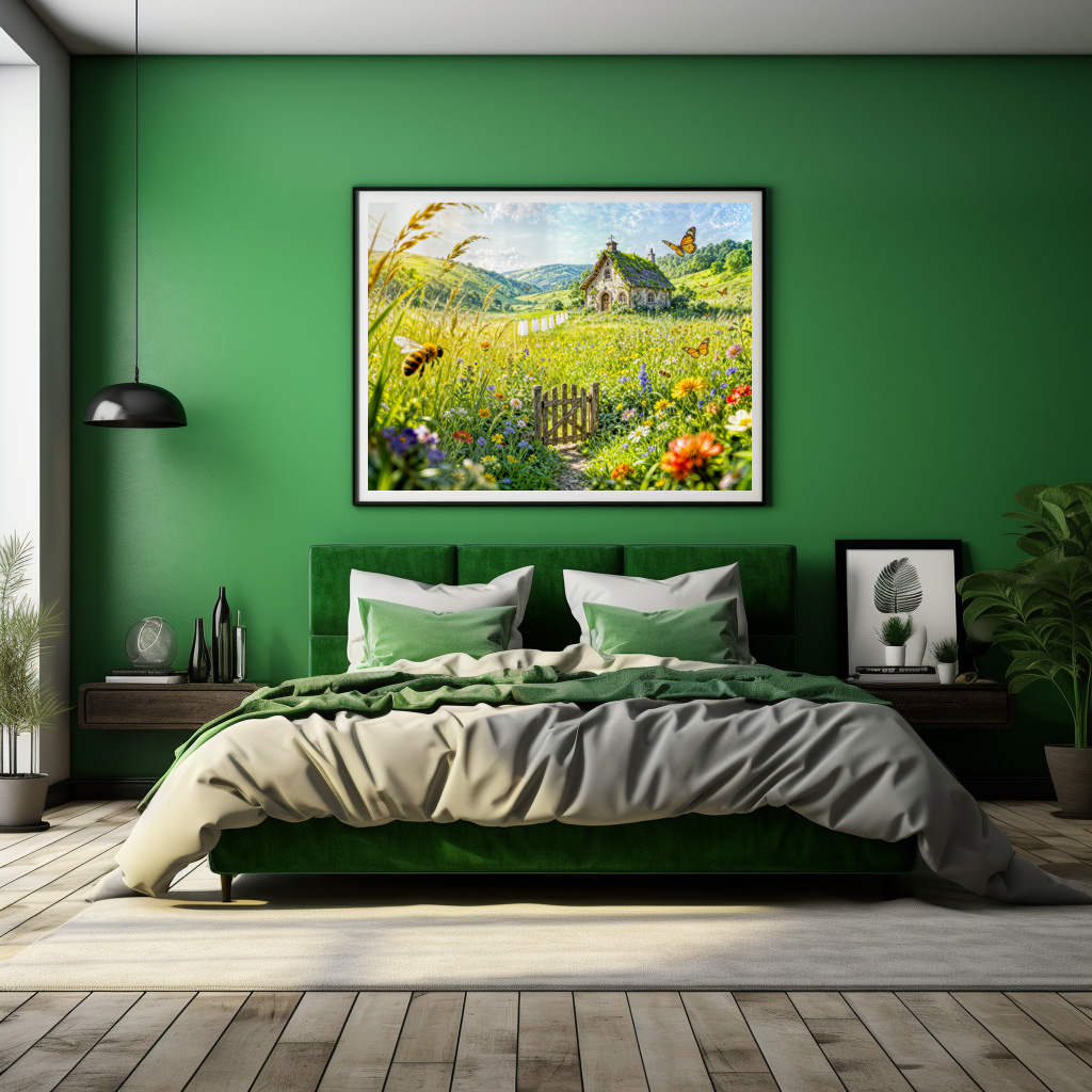 Poster: Mountain Meadow Cottage with Flowers, Gate and Butterflies Artwork