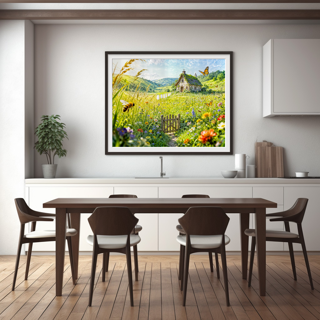 Poster: Mountain Meadow Cottage with Flowers, Gate and Butterflies Artwork – Bild 2