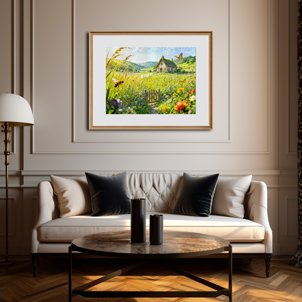 Poster: Mountain Meadow Cottage with Flowers, Gate and Butterflies Artwork – Bild 3