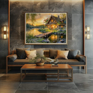 Poster: Sunset River Cottage with Dog on Bridge and Flower Bed Artwork