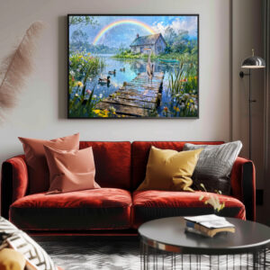 Poster: Rainbow Cottage with Ducks, Heron and Forest Stream