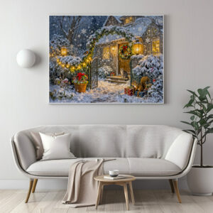 Poster: Winter Cottage with Squirrel, Cat and Robin Artwork