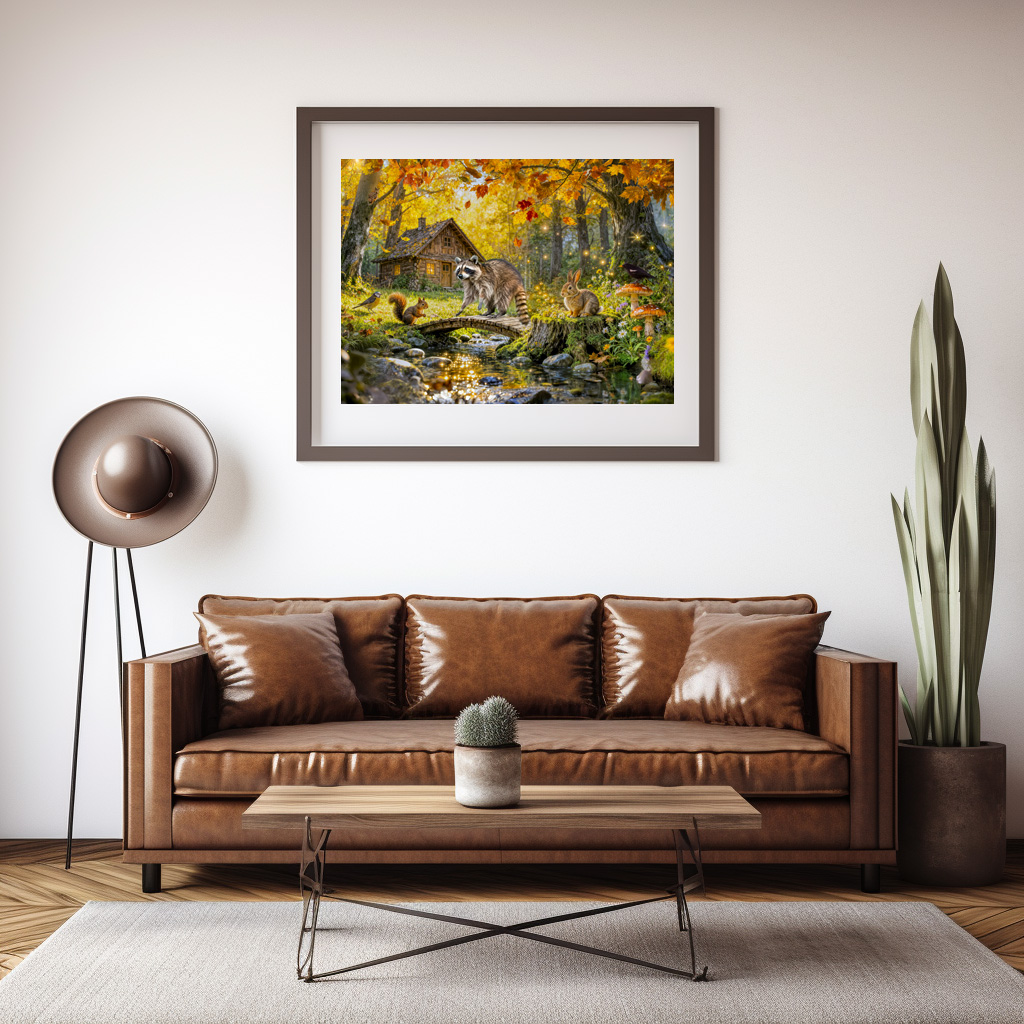 Poster: Autumn Forest Cottage with forest animals and Mushrooms Artwork - immagine 3