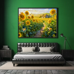 Poster: Sunflower Path Cottage with Cat and Blossoming Meadow Artwork