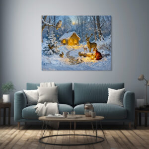 Poster: Winter Forest Cottage with Deer, Fox and Owl – Fantasy Artwork