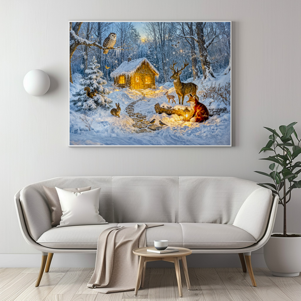 Poster: Winter Forest Cottage with Deer, Fox and Owl – Fantasy Artwork – Image 2