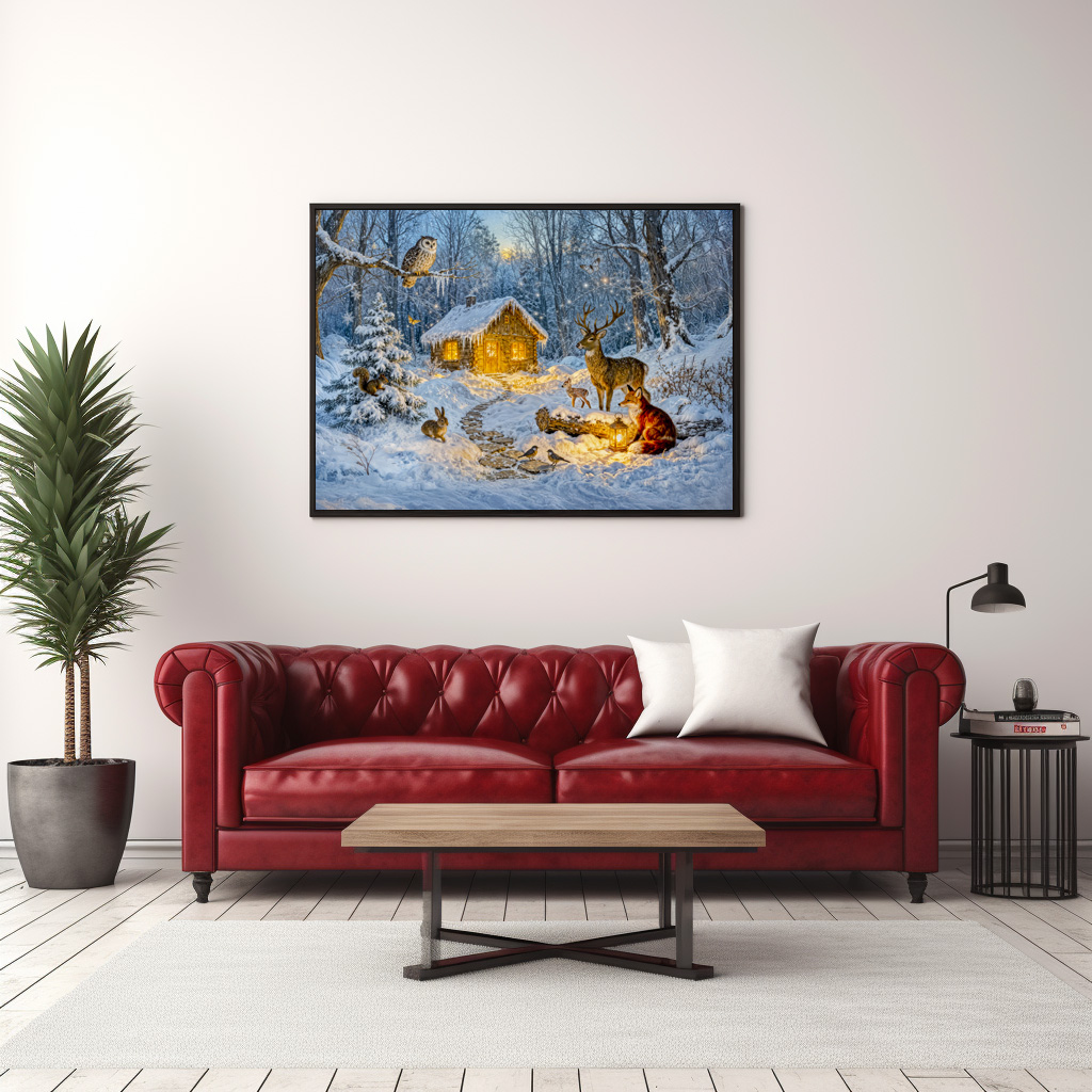 Poster: Winter Forest Cottage with Deer, Fox and Owl – Fantasy Artwork – Image 3
