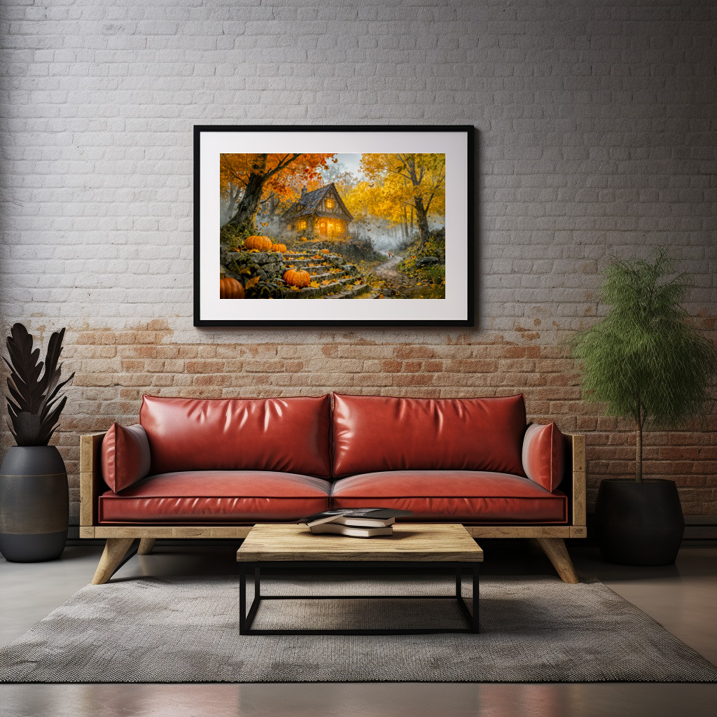 Poster: Autumn Forest Cottage with forest animals and Mushrooms Artwork – Image 2