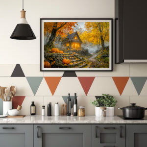 Poster: Autumn Forest Cottage with forest animals and Mushrooms Artwork