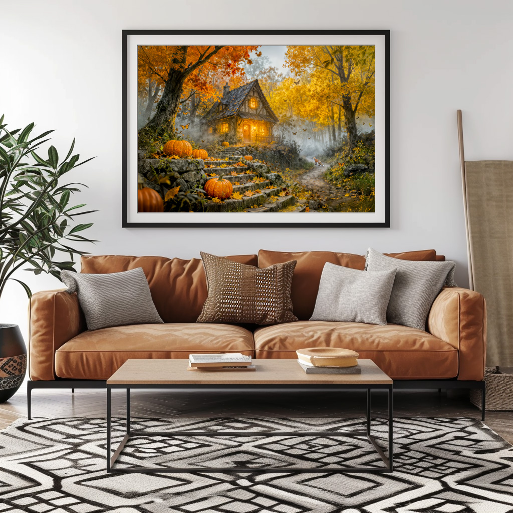 Poster: Autumn Forest Cottage with forest animals and Mushrooms Artwork – Image 3