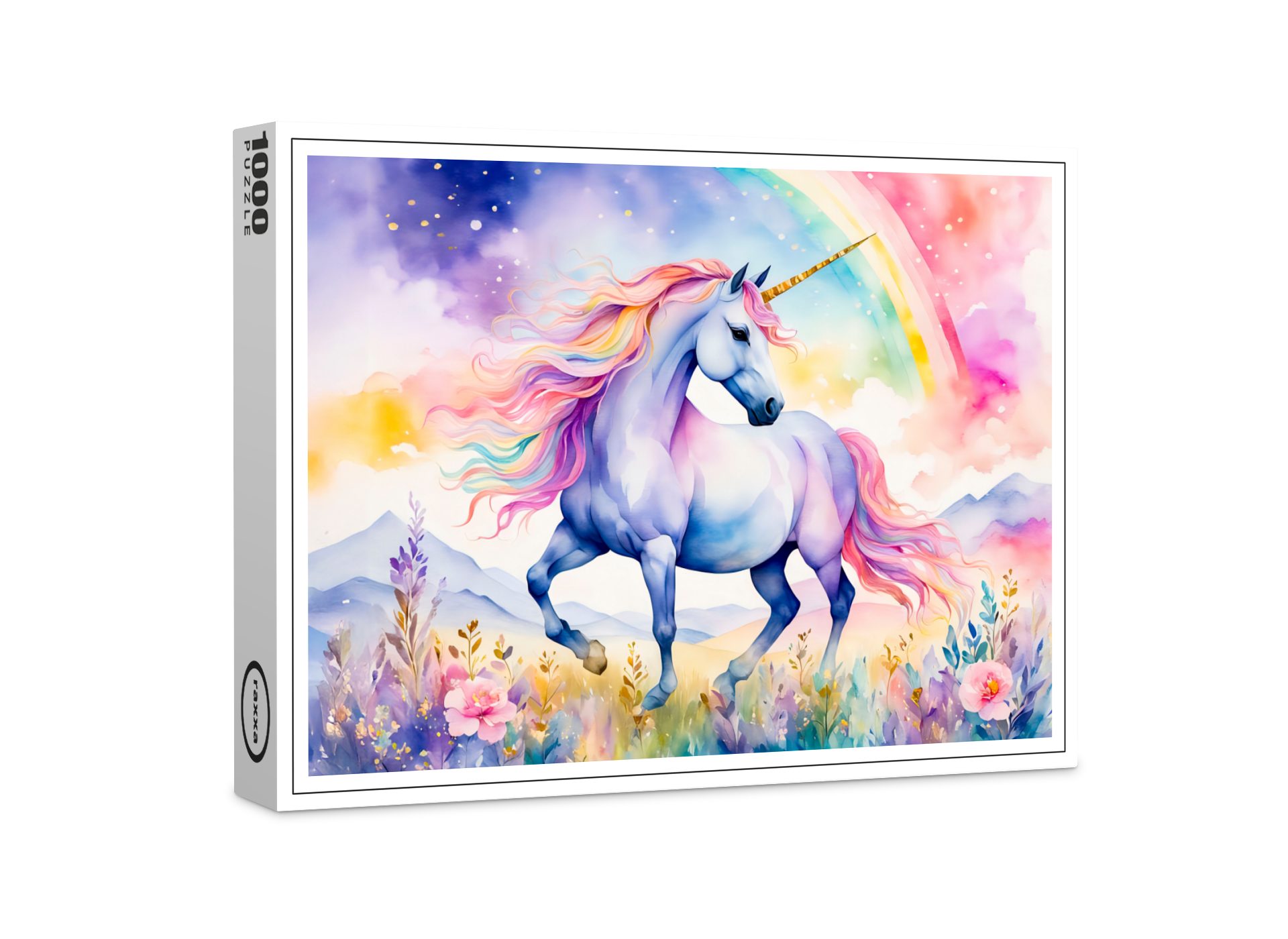raxxa Premium-Puzzle: Watercolor Graceful Unicorn Under Soft Pastel Rainbow Clouds