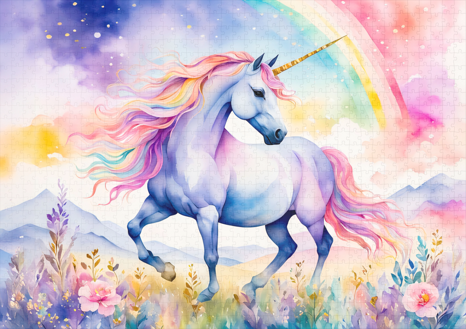raxxa Premium-Puzzle: Watercolor Graceful Unicorn Under Soft Pastel Rainbow Clouds - immagine 2