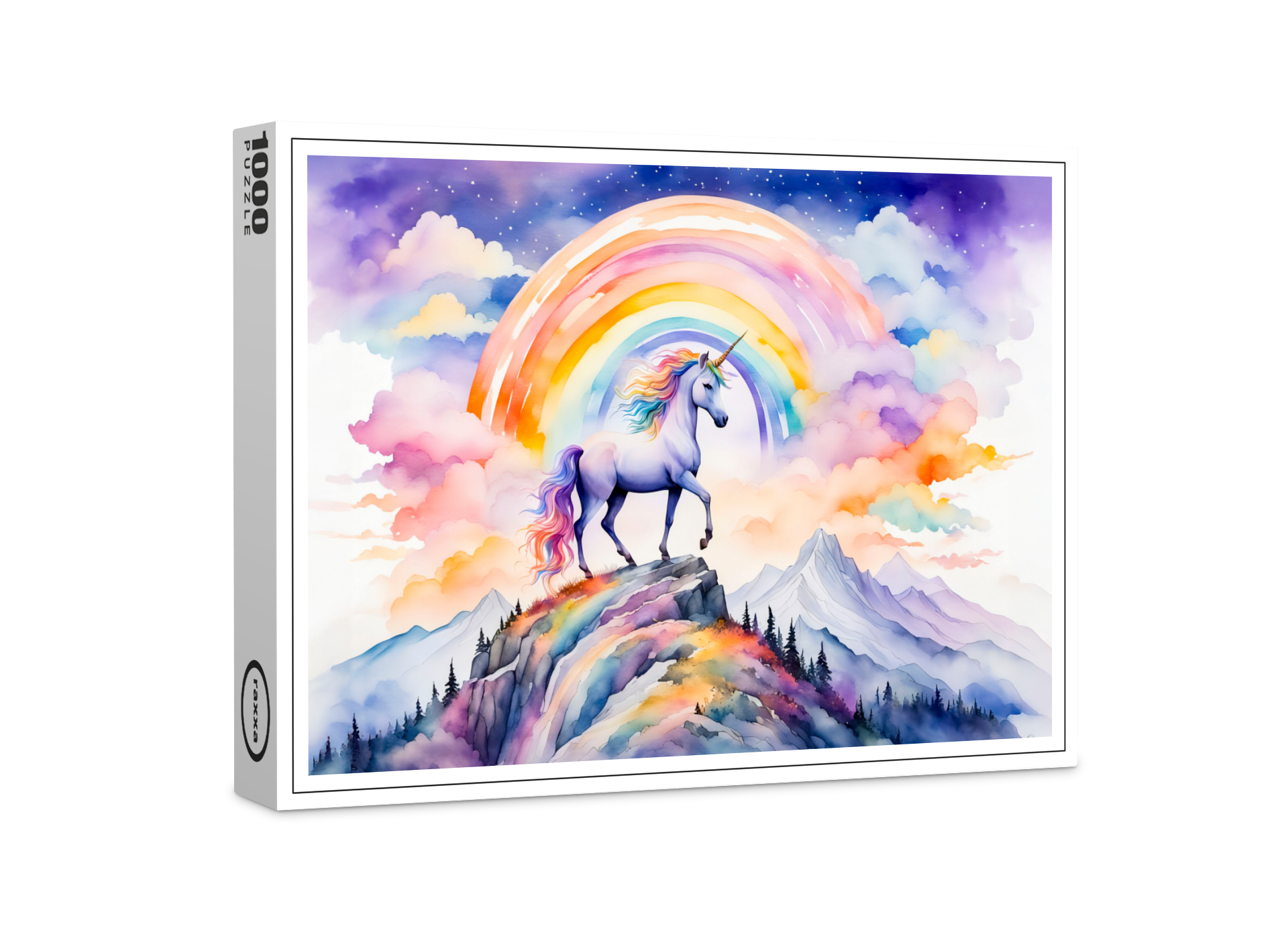 raxxa Premium-Puzzle: Boho Watercolor Magical Unicorn Beneath Glowing Rainbow And Clouds