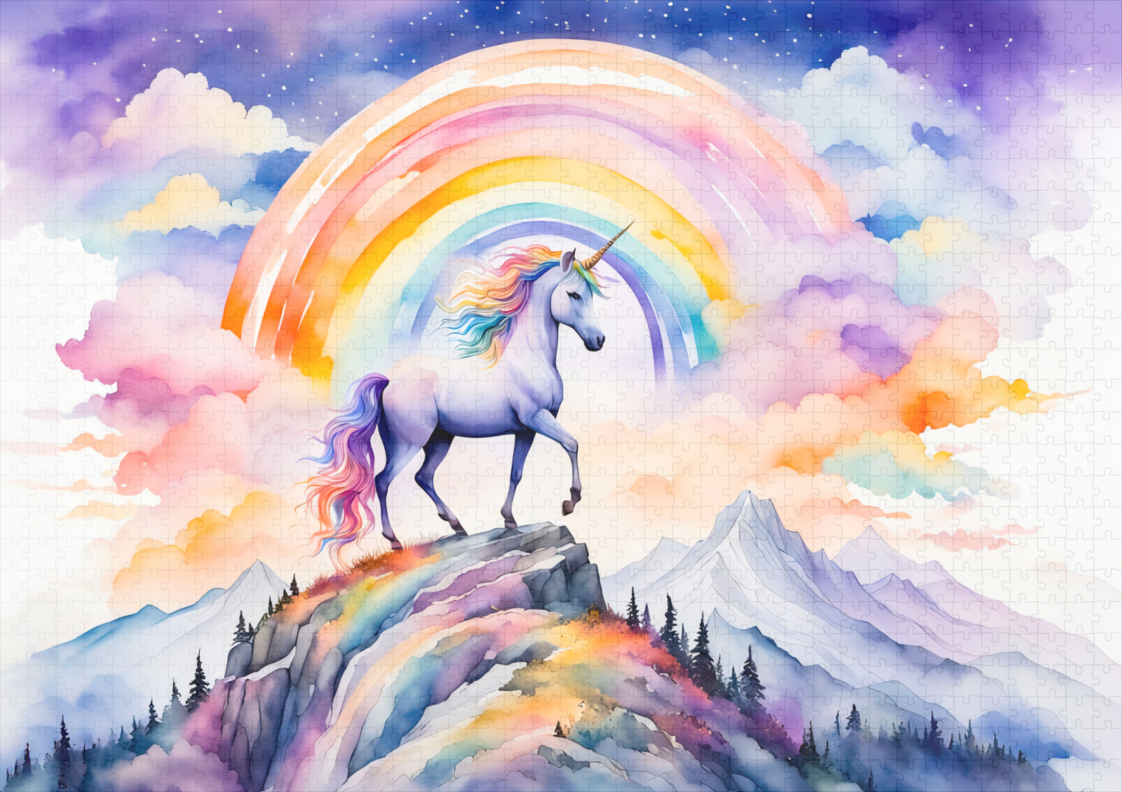 raxxa Premium-Puzzle: Boho Watercolor Magical Unicorn Beneath Glowing Rainbow And Clouds – Image 2