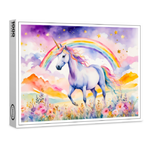 raxxa Premium-Puzzle: Watercolor Enchanted Unicorn Beneath A Glowing Rainbow Sky