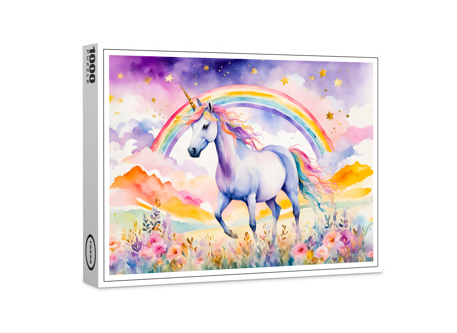 raxxa Premium-Puzzle: Watercolor Enchanted Unicorn Beneath A Glowing Rainbow Sky