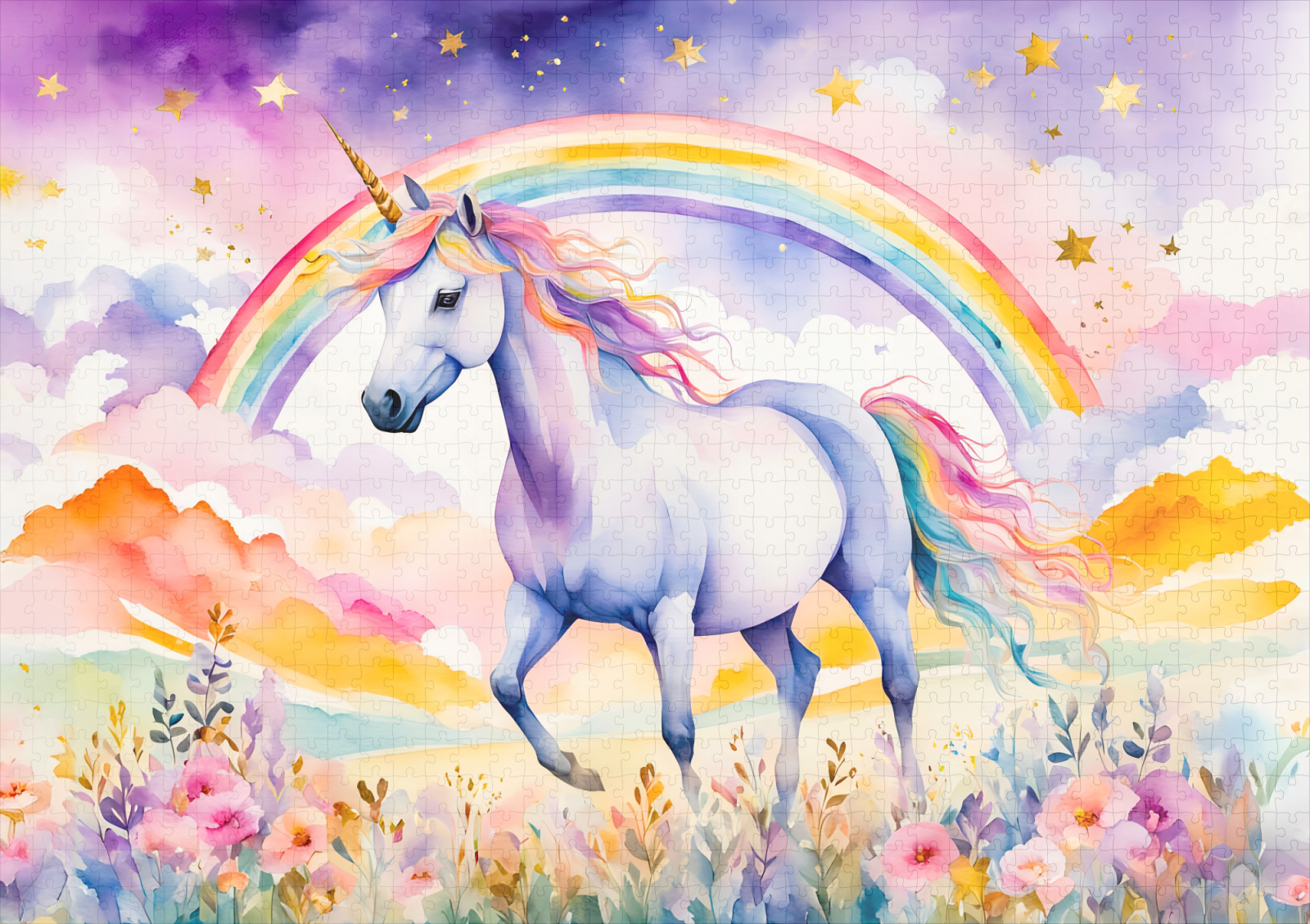raxxa Premium-Puzzle: Watercolor Enchanted Unicorn Beneath A Glowing Rainbow Sky – Bild 2