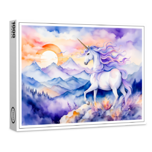 raxxa Premium-Puzzle: Boho Watercolor Strong Unicorn Standing On Misty Mountain Peak
