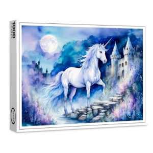 raxxa Premium-Puzzle: Boho Watercolor Enchanted White Unicorn Near Old Castle