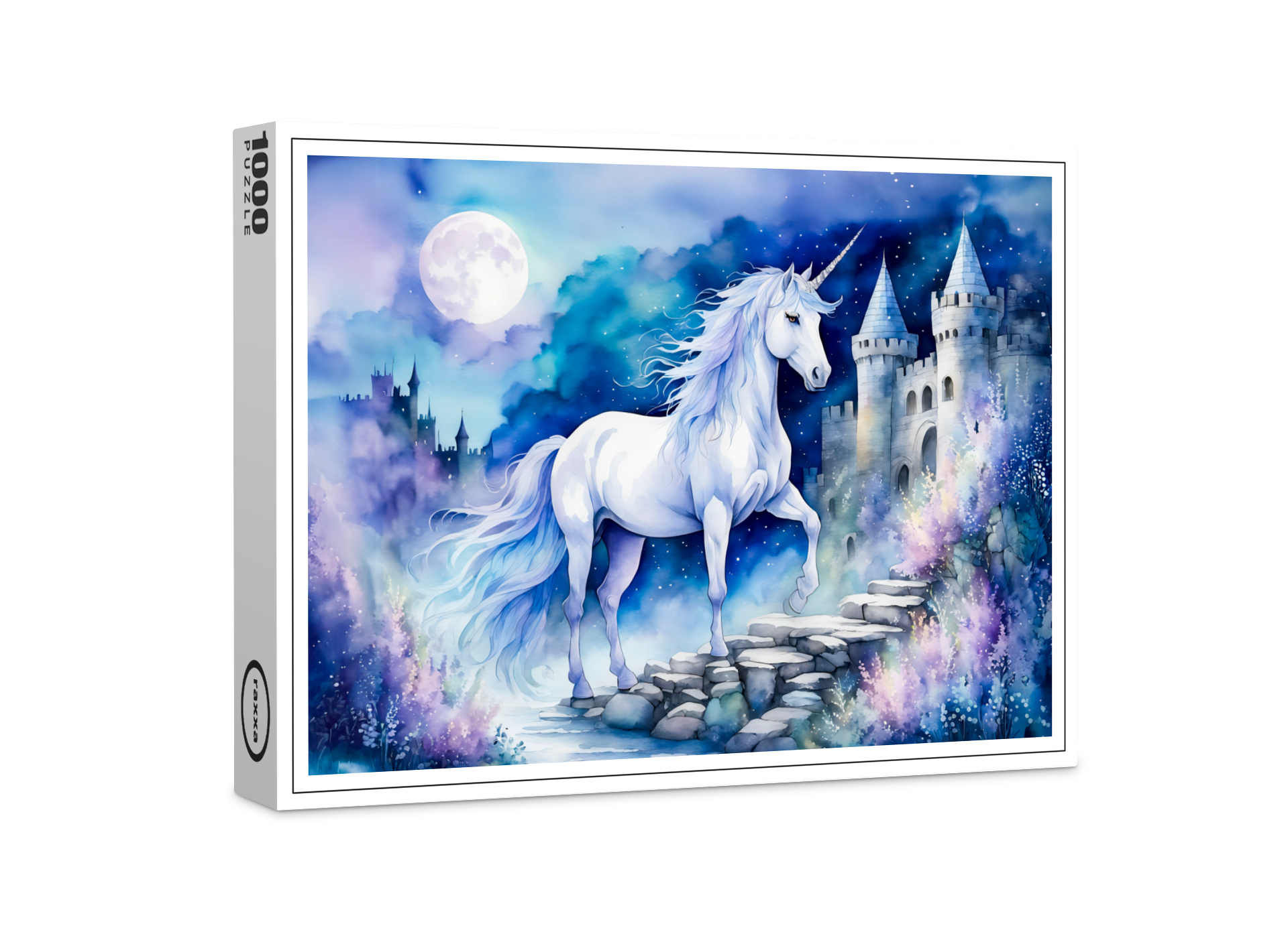raxxa Premium-Puzzle: Boho Watercolor Enchanted White Unicorn Near Old Castle