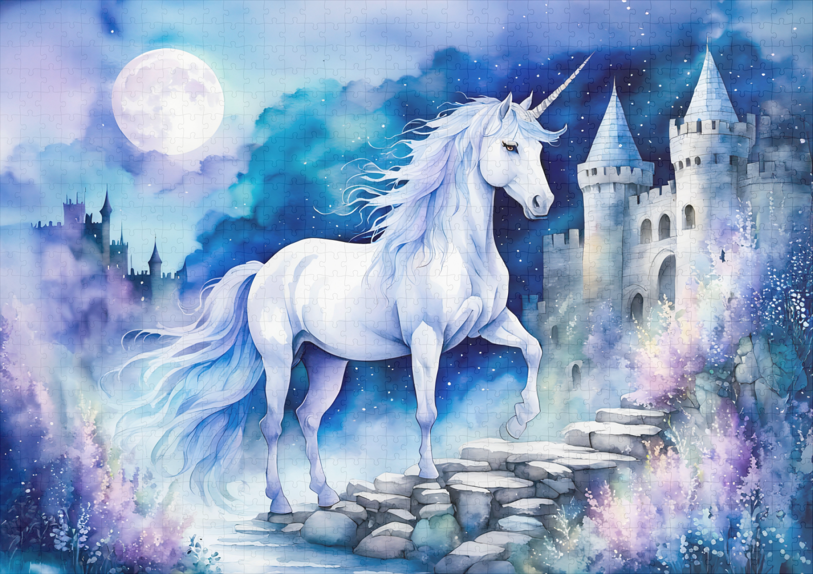 raxxa Premium-Puzzle: Boho Watercolor Enchanted White Unicorn Near Old Castle – Bild 2