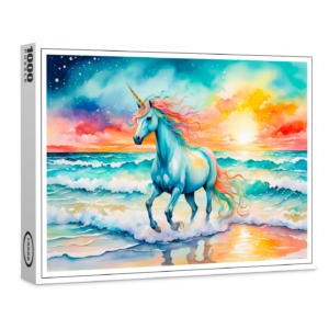 raxxa Premium-Puzzle: Boho Watercolor Sparkling Blue Unicorn Galloping On Ocean Shore