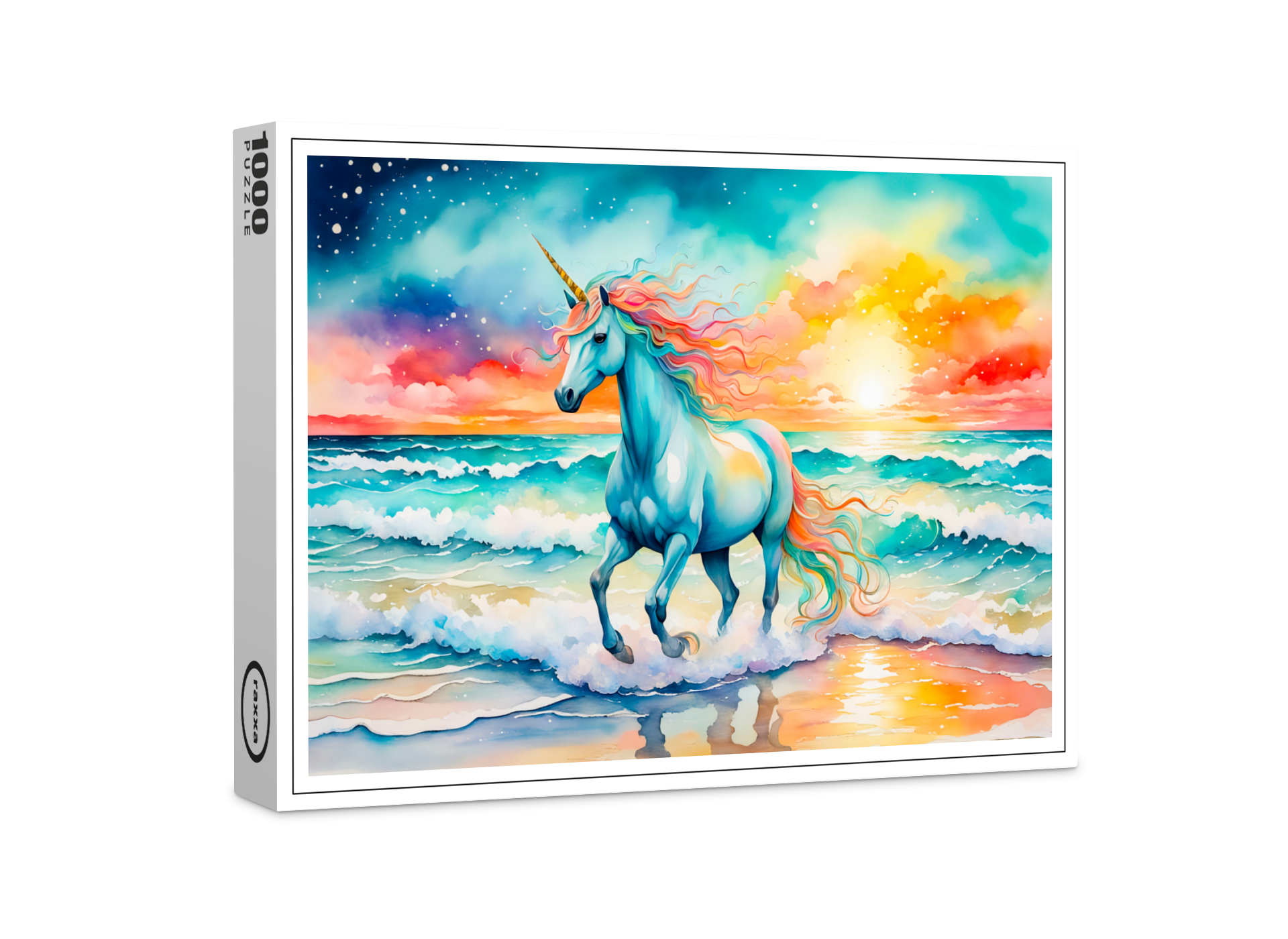 raxxa Premium-Puzzle: Boho Watercolor Sparkling Blue Unicorn Galloping On Ocean Shore