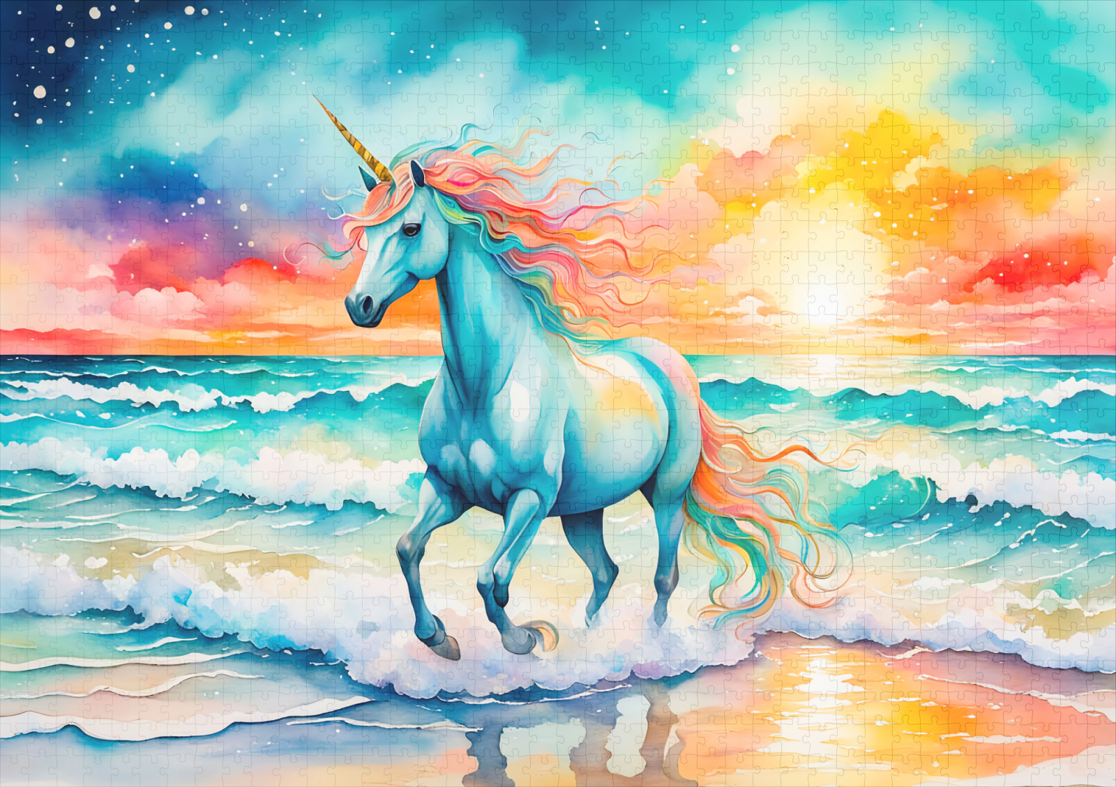 raxxa Premium-Puzzle: Boho Watercolor Sparkling Blue Unicorn Galloping On Ocean Shore - immagine 2