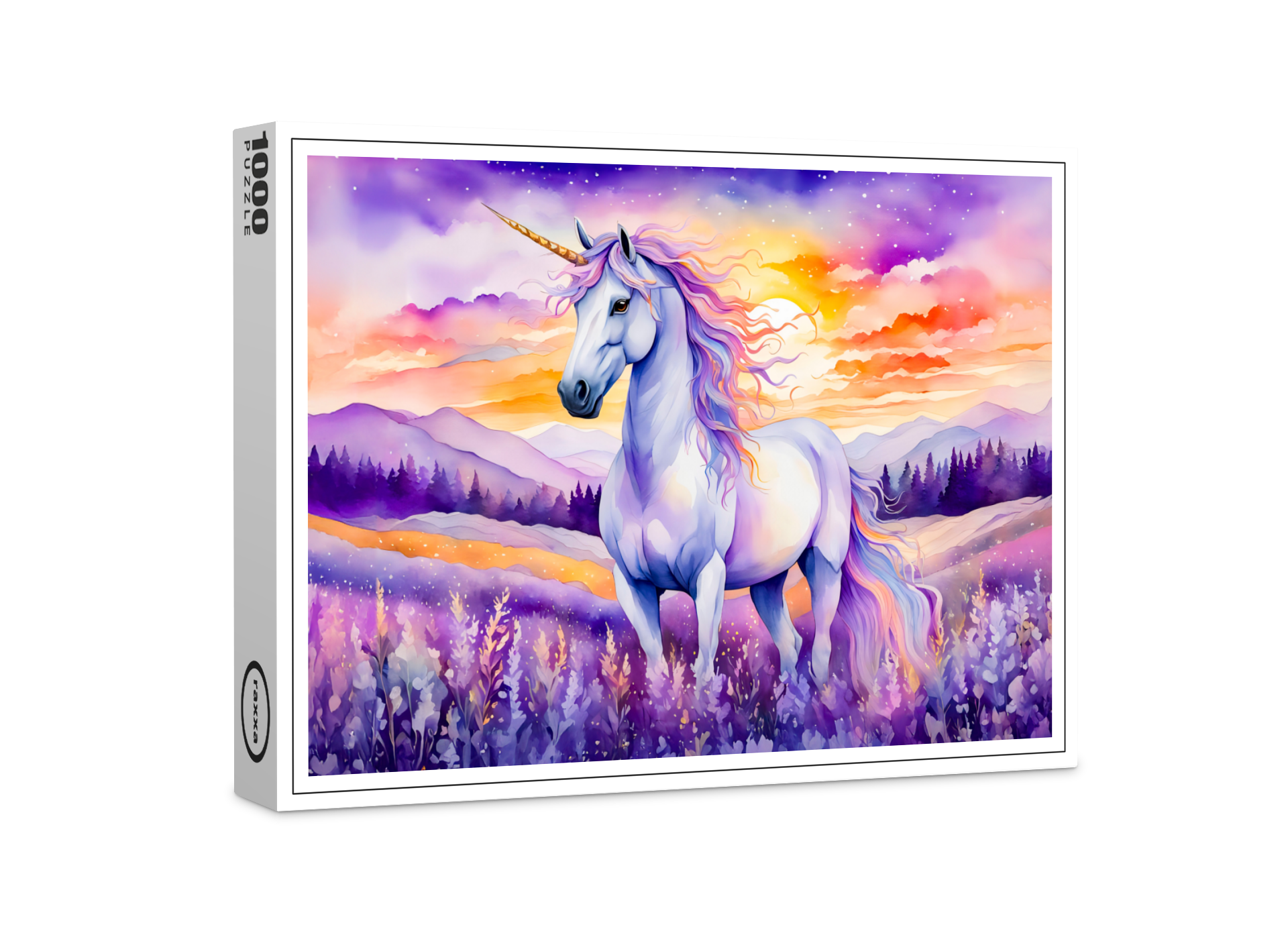 raxxa Premium-Puzzle: Boho Watercolor Magical Unicorn Beneath Vibrant Sunset Rainbow Sky