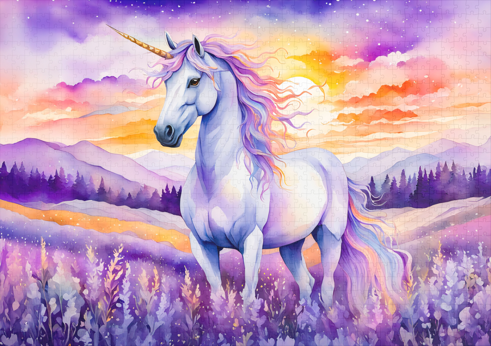 raxxa Premium-Puzzle: Boho Watercolor Magical Unicorn Beneath Vibrant Sunset Rainbow Sky – Image 2