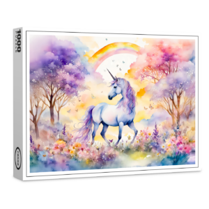 raxxa Premium-Puzzle: Boho Watercolor Majestic Unicorn Under Cherry Blossom Pink Sky