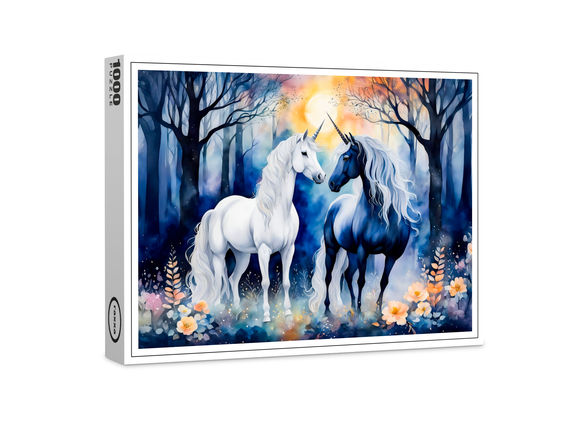 raxxa Premium-Puzzle: Boho Watercolor Two Unicorns Standing Together Under Starry Sky
