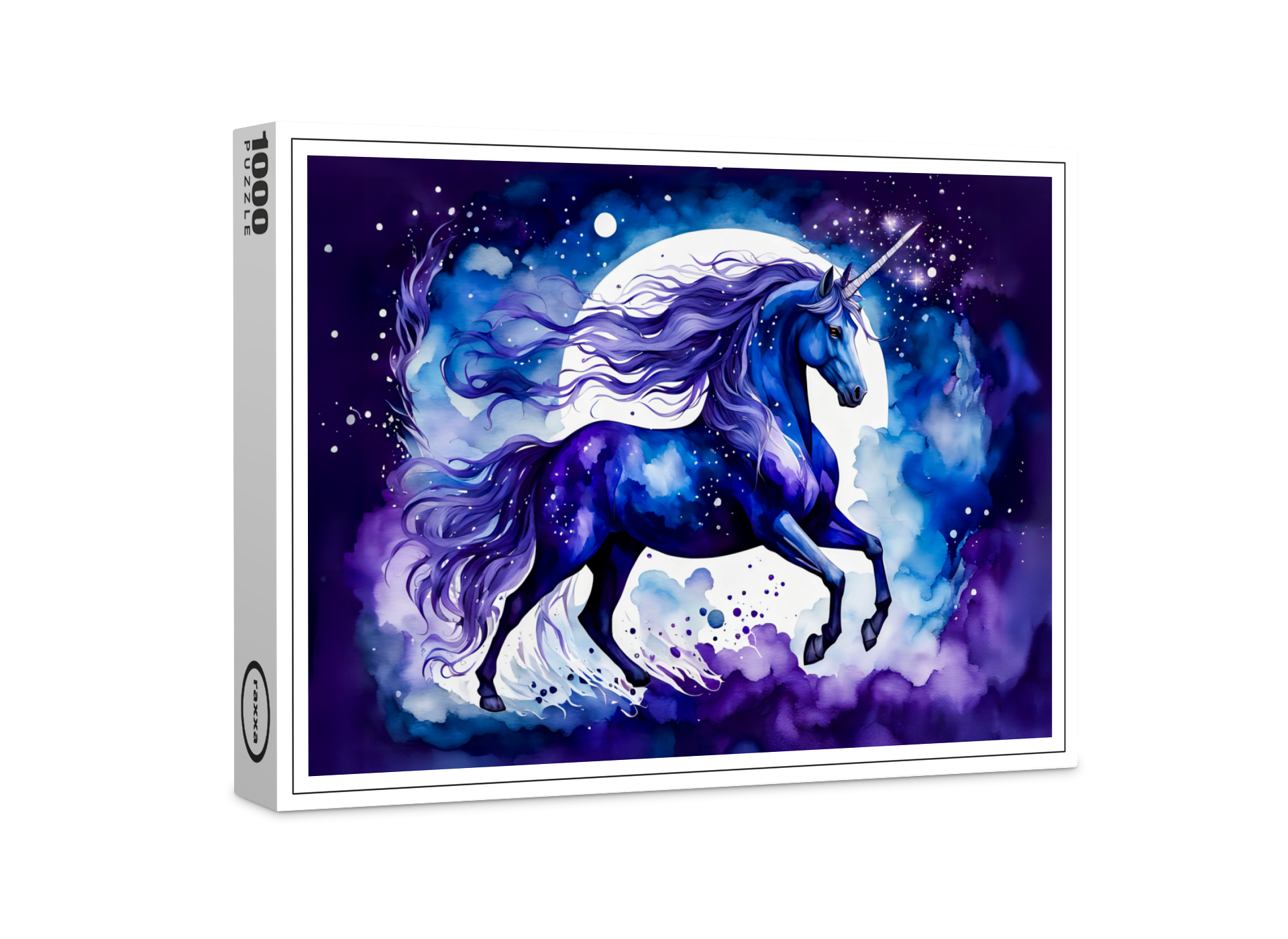raxxa Premium-Puzzle: Watercolor Majestic Blue Unicorn Under Starry Night Sky