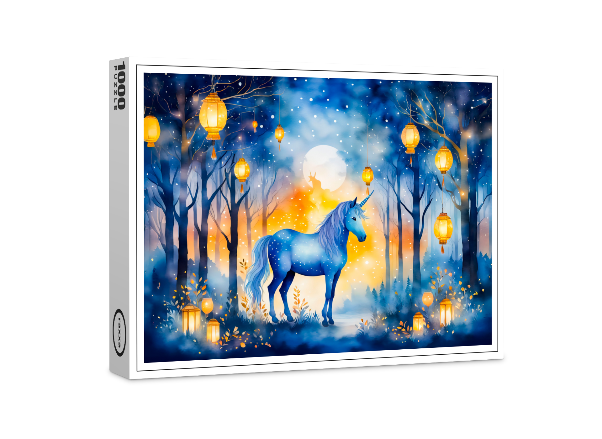 raxxa Premium-Puzzle: Boho Watercolor Mystical Unicorn Prancing Under Golden Lantern Light