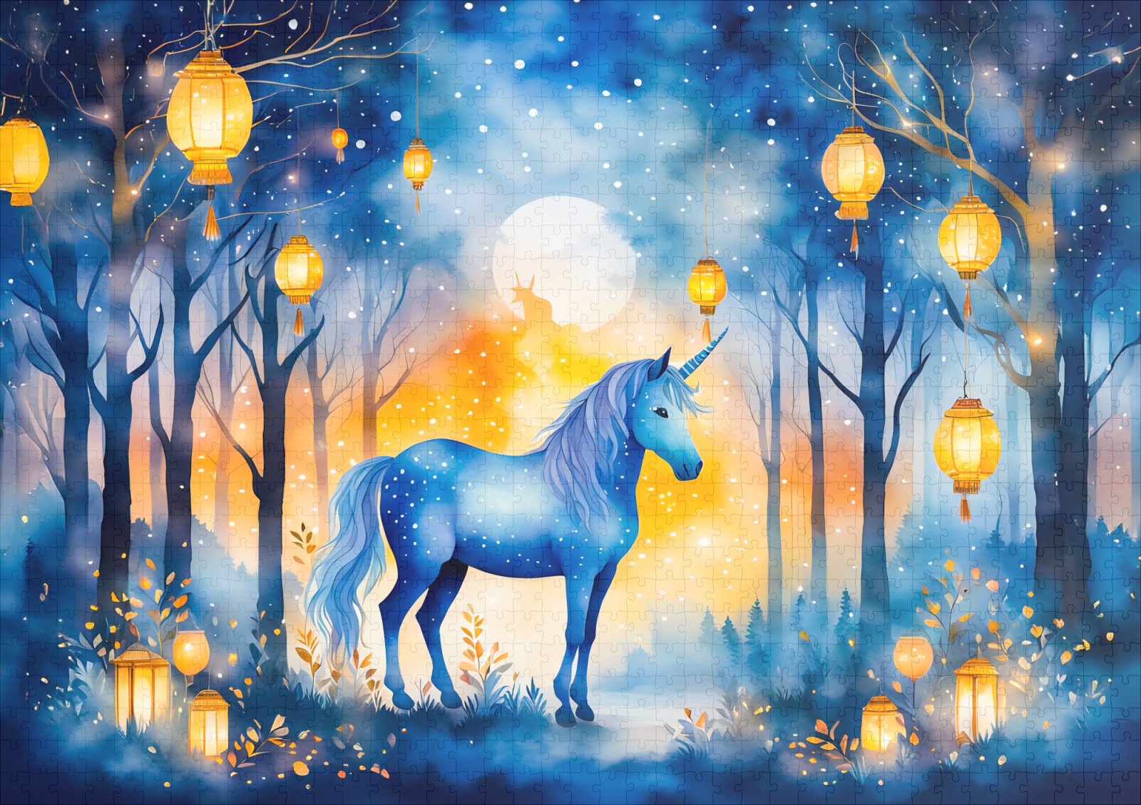 raxxa Premium-Puzzle: Boho Watercolor Mystical Unicorn Prancing Under Golden Lantern Light – Image 2