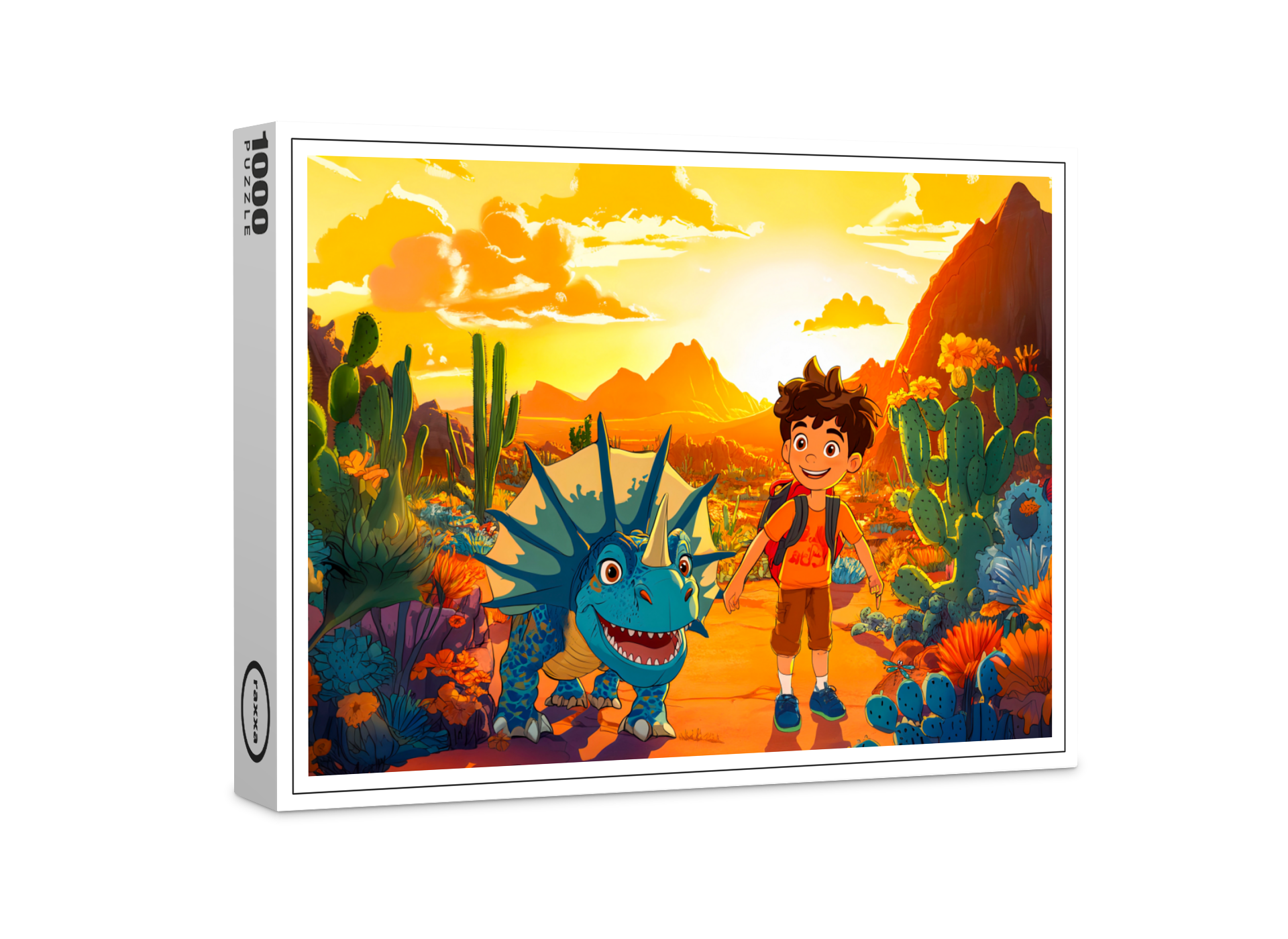 raxxa Premium-Puzzle: Anime boy walking Triceratops at sunset