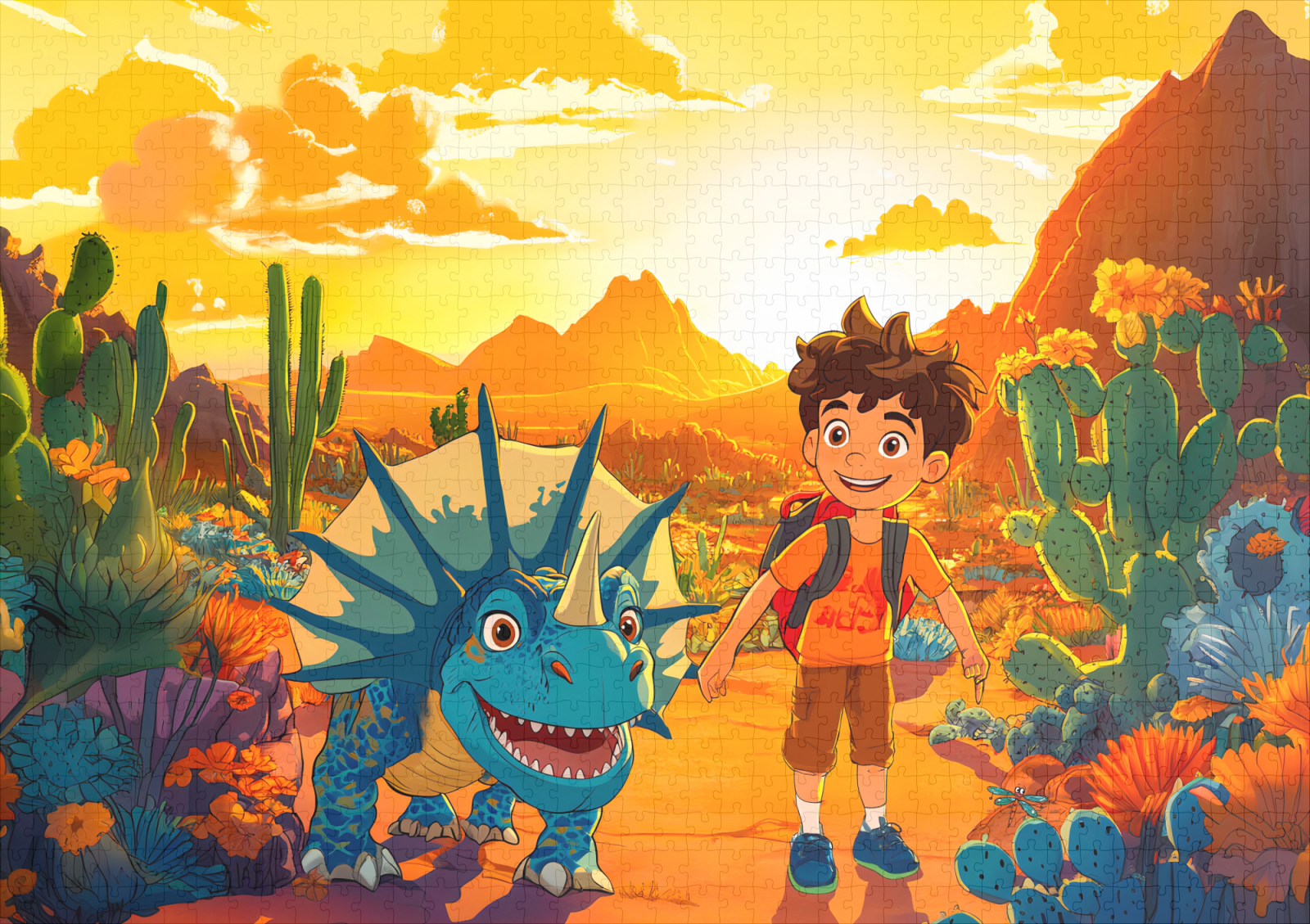 raxxa Premium-Puzzle: Anime boy walking Triceratops at sunset – Bild 2